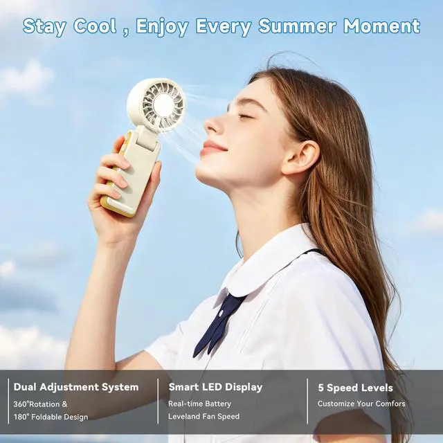 Alt view image 6 of 7 - Handheld Portable Turbo Fan with Ice Cooling,5 Speed Rechargeable LED Display Foldable Hand Held Personal Clip/Neck/Waist Fan,180°& 360° Adjustable,Pocket Mini Fan for Outdoor/Home/Office (Khaki)