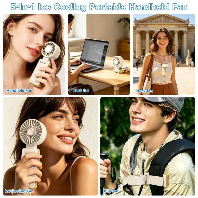 Alt view image 5 of 7 - Handheld Portable Turbo Fan with Ice Cooling,5 Speed Rechargeable LED Display Foldable Hand Held Personal Clip/Neck/Waist Fan,180°& 360° Adjustable,Pocket Mini Fan for Outdoor/Home/Office (Khaki)