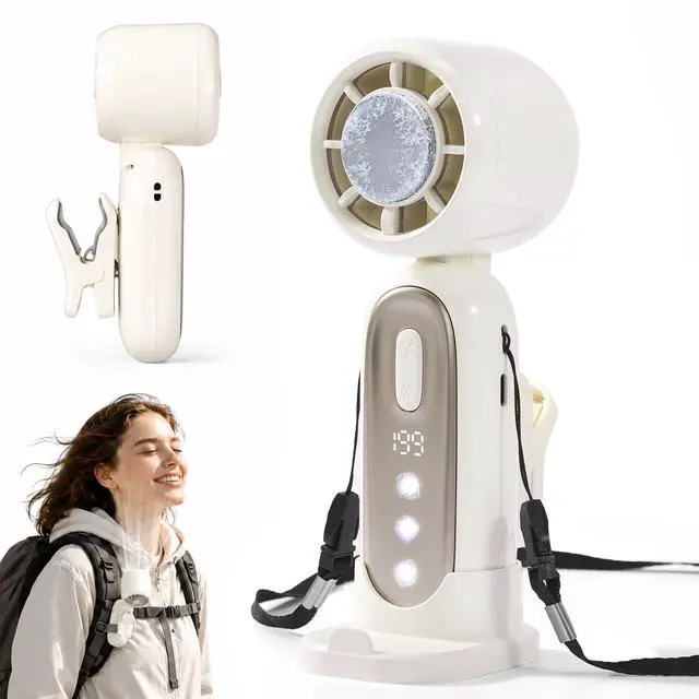 Main image of Portable Handheld Fan, Personal Mini 360° Detachable Clip on Fan, Ice Cooling, Rechargeable Turbo Fan for Desk, Hand Held Fan Up to 19H and 1-199 Speeds, Phone Holder, Outdoor & Travel (White)