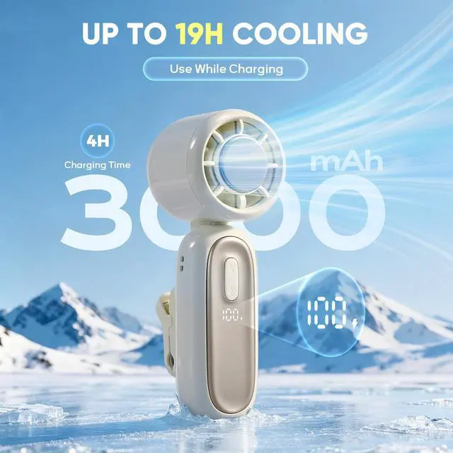 Alt view image 5 of 7 - Portable Handheld Fan, Personal Mini 360° Detachable Clip on Fan, Ice Cooling, Rechargeable Turbo Fan for Desk, Hand Held Fan Up to 19H and 1-199 Speeds, Phone Holder, Outdoor & Travel (White)