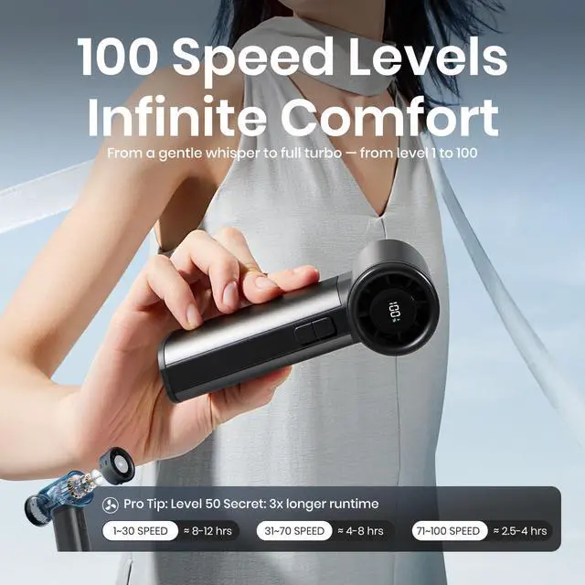Alt view image 2 of 7 - 4500mAh Powerful Mini Turbo Fan - 100 Speed Touch Control Portable Handheld High Speed Rechargeable Small Pocket Design Personal Travel Essentials for Indoor and Outdoor-Black