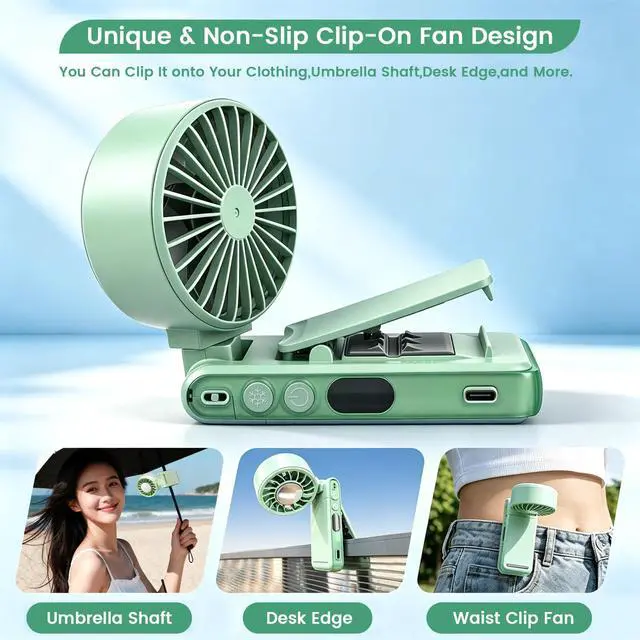 Alt view image 4 of 7 - 4-IN-1 Clip-On Portable Fan Rechargeable Handheld Mini Fan with lce Cooler,5 Gear High Speed 360° Rotatable Small Fans, for Outdoor, Travel, Beach, and Office (Green)