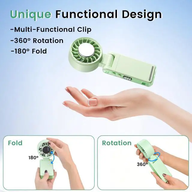 Alt view image 7 of 7 - 4-IN-1 Clip-On Portable Fan Rechargeable Handheld Mini Fan with lce Cooler,5 Gear High Speed 360° Rotatable Small Fans, for Outdoor, Travel, Beach, and Office (Green)