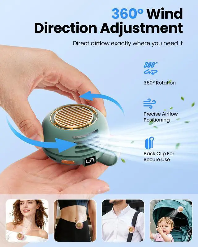 Alt view image 2 of 7 - Clip On Fan, Portable Silent Mini Bladeless Fan for Shirt/Waist, 5 Speed Adjustable&LED Display, Spin 360° Fan, Hands-Free, Small Wearable Fan for Outdoor Travel, Office, Gift Women/Mom Teal