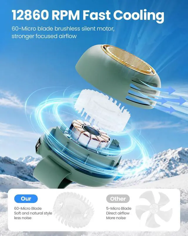 Alt view image 5 of 7 - Clip On Fan, Portable Silent Mini Bladeless Fan for Shirt/Waist, 5 Speed Adjustable&LED Display, Spin 360° Fan, Hands-Free, Small Wearable Fan for Outdoor Travel, Office, Gift Women/Mom Teal