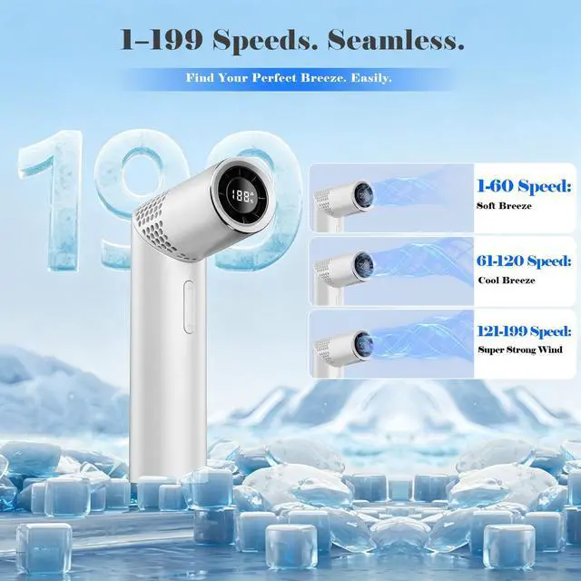 Alt view image 2 of 7 - Portable Handheld Turbo Fan,3 IN 1 Rechargeable Mini Fans,Up to 12 Working Hours,1-199 Speed,Digital Display,for Outdoor,Travel,Beach,Office (white)