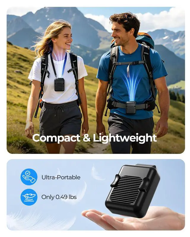 Alt view image 6 of 7 - Portable Waist Clip Fan, 6000mAh Battery Operated Necklace Fan, 23 Hours Working Time, 3 Speeds, 5100RPM Strong Airflow Hands-free Belt Fan for Outdoor Works, Farm, Hiking, Camping, Travel