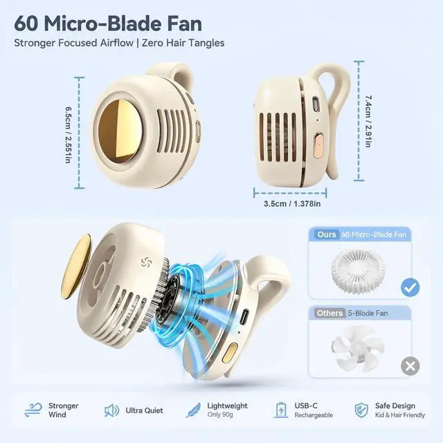 Alt view image 3 of 6 - Portable Clip-on Fan, Silent Bladeless Mini fan, 360°Rotation 3-speed Modes Whirlwind Fans For Waist Clips Hands-Free Cooling Fan Suitable For Outdoor Sports Trip Work Travel White