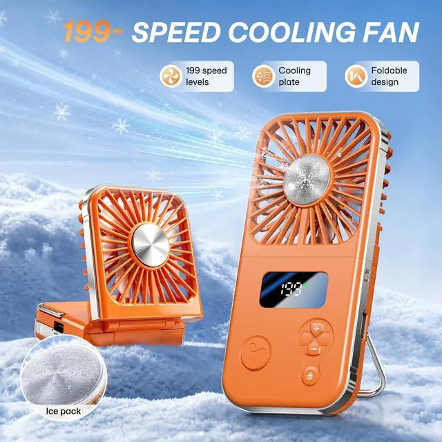 Alt view image 5 of 7 - Portable Fan, Handheld Fan with Ice Cooling Plate, 5 Speeds Mini Personal Cooling Fan, Foldable USB-C Desk Fan with Digital Display & Lanyard for Travel Office Camping