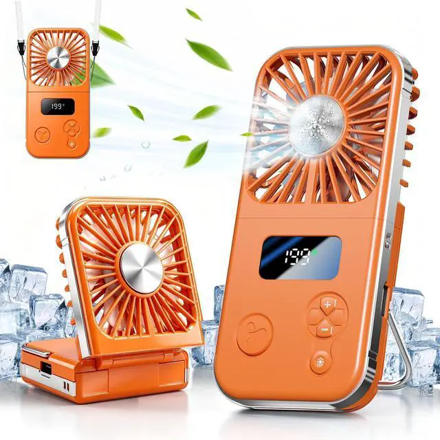 Alt view image 4 of 7 - Portable Fan, Handheld Fan with Ice Cooling Plate, 5 Speeds Mini Personal Cooling Fan, Foldable USB-C Desk Fan with Digital Display & Lanyard for Travel Office Camping