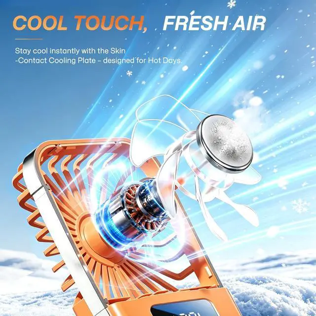 Alt view image 6 of 7 - Portable Fan, Handheld Fan with Ice Cooling Plate, 5 Speeds Mini Personal Cooling Fan, Foldable USB-C Desk Fan with Digital Display & Lanyard for Travel Office Camping