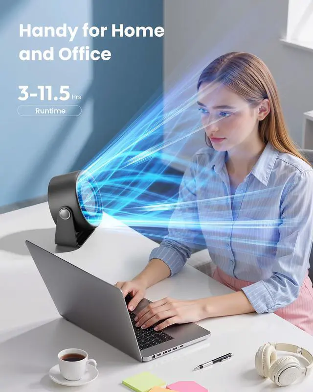 Alt view image 4 of 7 - Small Desk Fan Rechargeable, Quiet Personal Table Fan, Touch Control Display, 360° Tilt, 5-Speed Strong Wind, 4000mAh Battery, Small Fans for Bedroom Dorm Office, Gifts for Women Men, Black