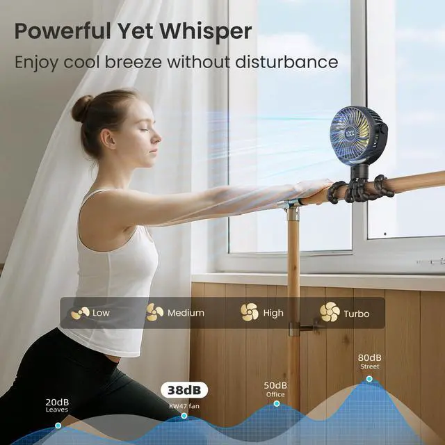 Alt view image 3 of 7 - Portable Stroller Fan, 4000mAh Rechargeable Clip on Baby Fan 25H Battery Life, Head Detachable 360° Rotate Mini Fans, 4 Speed Personal Fans with Night Light for Car Seat Crib Bike Treadmill, Black