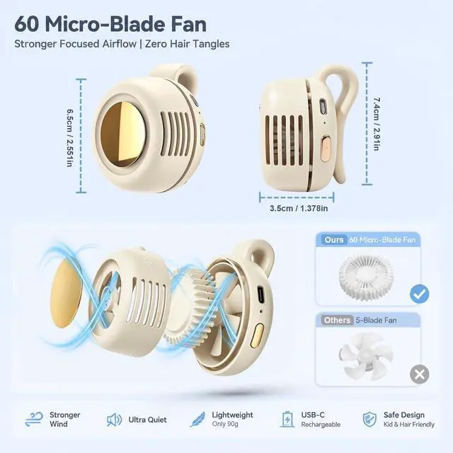 Alt view image 3 of 7 - Clip On Fan, Portable Silent Mini Bladeless Personal Fan, 3-Speed 360° Rotatable Small Clip Fan for Shirt Waist, Hands-Free Wearable Fan for Outdoor Travel Office