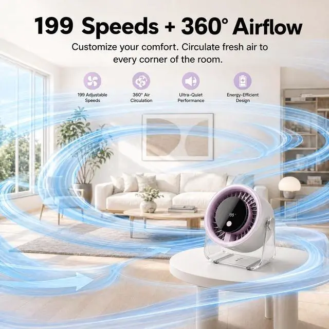 Alt view image 3 of 7 - Portable Desk Fan for Bedroom, 199 Speeds Rechargeable USB Table Fan with 4000mAh Battery, 360° Rotation, LED Display, Quiet Wall-Mountable Personal Cooling Fan for Home Office (Purple)