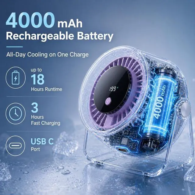 Alt view image 4 of 7 - Portable Desk Fan for Bedroom, 199 Speeds Rechargeable USB Table Fan with 4000mAh Battery, 360° Rotation, LED Display, Quiet Wall-Mountable Personal Cooling Fan for Home Office (Purple)