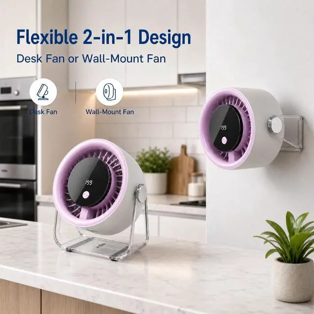 Alt view image 5 of 7 - Portable Desk Fan for Bedroom, 199 Speeds Rechargeable USB Table Fan with 4000mAh Battery, 360° Rotation, LED Display, Quiet Wall-Mountable Personal Cooling Fan for Home Office (Purple)