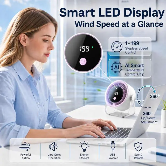 Alt view image 7 of 7 - Portable Desk Fan for Bedroom, 199 Speeds Rechargeable USB Table Fan with 4000mAh Battery, 360° Rotation, LED Display, Quiet Wall-Mountable Personal Cooling Fan for Home Office (Purple)
