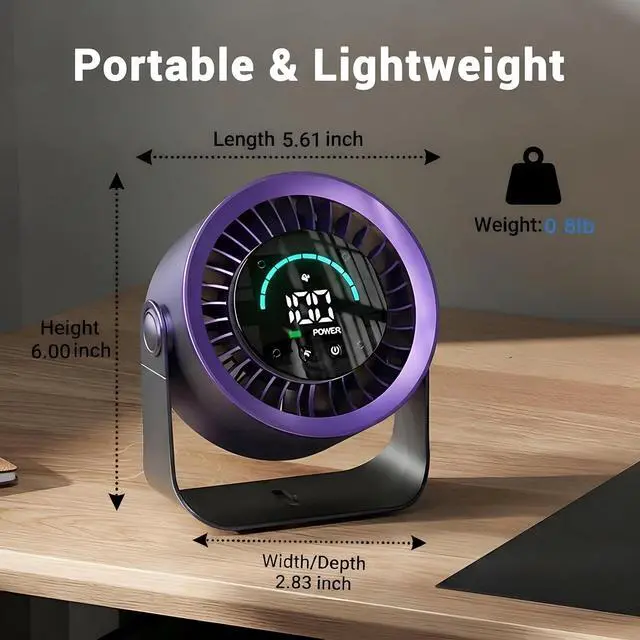 Alt view image 2 of 7 - Mini Desk Fan, Small USB Rechargeable Quiet Desktop Fan, Cooling Table Electric Fan with LED Digital Display, 360°Adjustable Tilt for Bedroom, Office & Home (Purple)