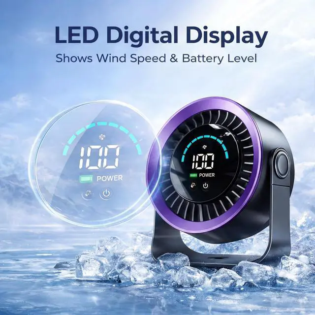 Alt view image 3 of 7 - Mini Desk Fan, Small USB Rechargeable Quiet Desktop Fan, Cooling Table Electric Fan with LED Digital Display, 360°Adjustable Tilt for Bedroom, Office & Home (Purple)