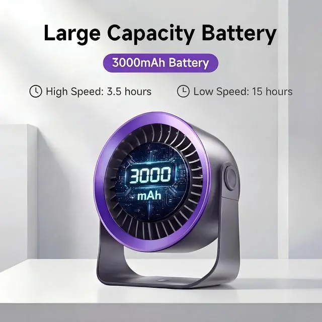 Alt view image 4 of 7 - Mini Desk Fan, Small USB Rechargeable Quiet Desktop Fan, Cooling Table Electric Fan with LED Digital Display, 360°Adjustable Tilt for Bedroom, Office & Home (Purple)