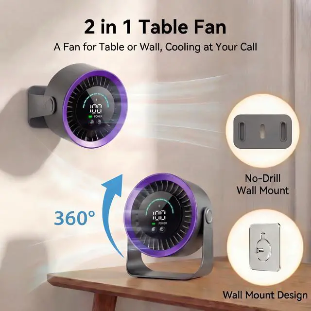 Alt view image 5 of 7 - Mini Desk Fan, Small USB Rechargeable Quiet Desktop Fan, Cooling Table Electric Fan with LED Digital Display, 360°Adjustable Tilt for Bedroom, Office & Home (Purple)