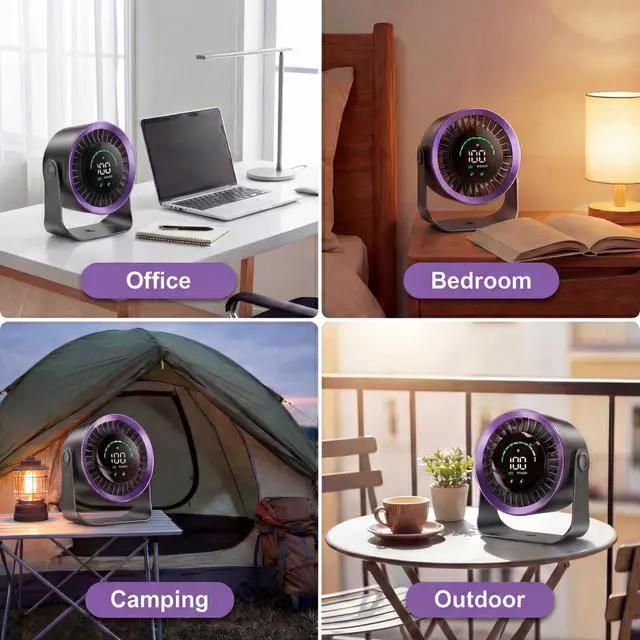 Alt view image 7 of 7 - Mini Desk Fan, Small USB Rechargeable Quiet Desktop Fan, Cooling Table Electric Fan with LED Digital Display, 360°Adjustable Tilt for Bedroom, Office & Home (Purple)