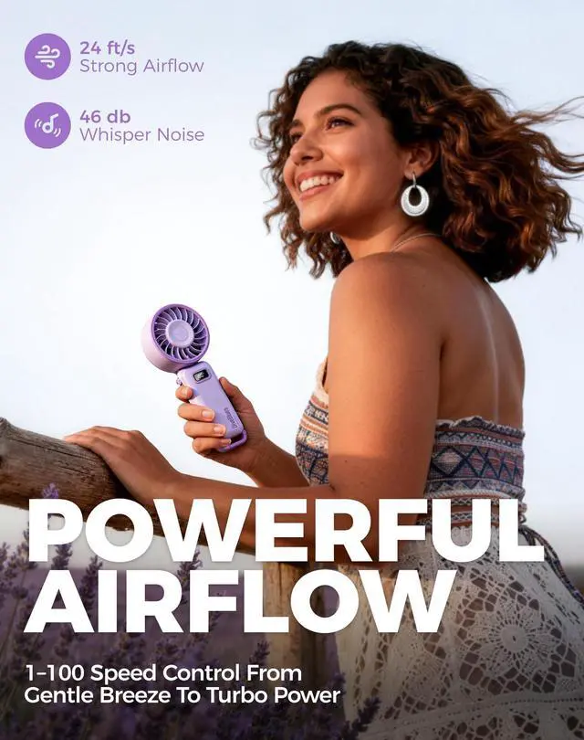 Alt view image 3 of 7 - Portable Turbo Fan, 100 Speed Handheld Fan with Strong Airflow, Foldable 4 in 1 Personal Fan for Neck, Desk & Travel, USB-C Rechargeable, Lightweight for Summer, Concerts & Outdoor Use