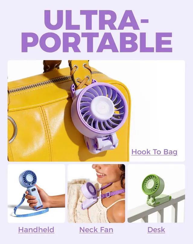 Alt view image 6 of 7 - Portable Turbo Fan, 100 Speed Handheld Fan with Strong Airflow, Foldable 4 in 1 Personal Fan for Neck, Desk & Travel, USB-C Rechargeable, Lightweight for Summer, Concerts & Outdoor Use
