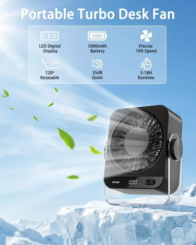 Alt view image 2 of 7 - Rechargeable Small Desk Fan - Quiet 199 Speed Turbo Blade Personal Fan for Bedroom, Office, Dorm & Travel, 120° Tilt, USB & Battery Operated, Compact Portable Cooling Fan