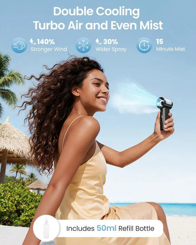 Alt view image 2 of 7 - Handheld Misting Fan Portable - 5000mAh Rechargeable Battery, Powerful Turbo Personal Mister Fans, 5 Speed, Mini Water Spray Mist Hand Fan for Travel, Outdoors, Beach Vacation (Black)