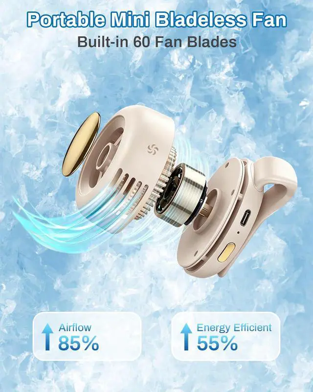 Alt view image 5 of 7 - Portable Silent Mini Bladeless Electric Fan Clip On,Mini Bladeless Fans with Clip,3 Speeds Hands-Free Small Whirlwind Bladeless Fan Neck Fans,Rechargeable Tiny Fan Clips On Shirt (White-2pcs)
