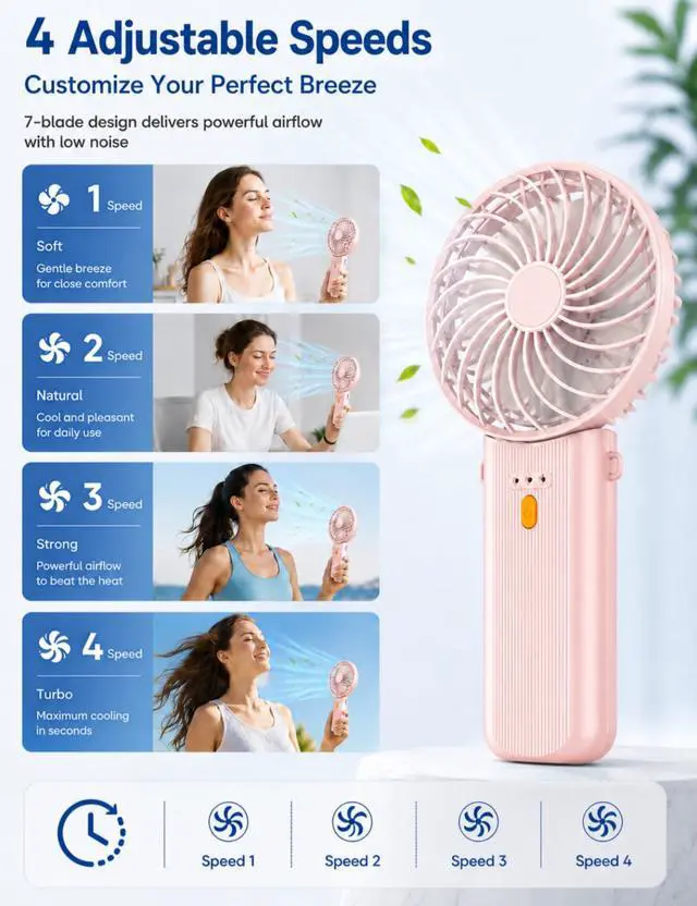 Alt view image 2 of 7 - Portable Mini Fan, Foldable Handheld Cooling Fan with Lanyard, 4 Speeds, 15H Rechargeable Battery, Quiet Personal Fan for Travel, Home, Office, Outdoor, Makeup, Women, Men (Pink)