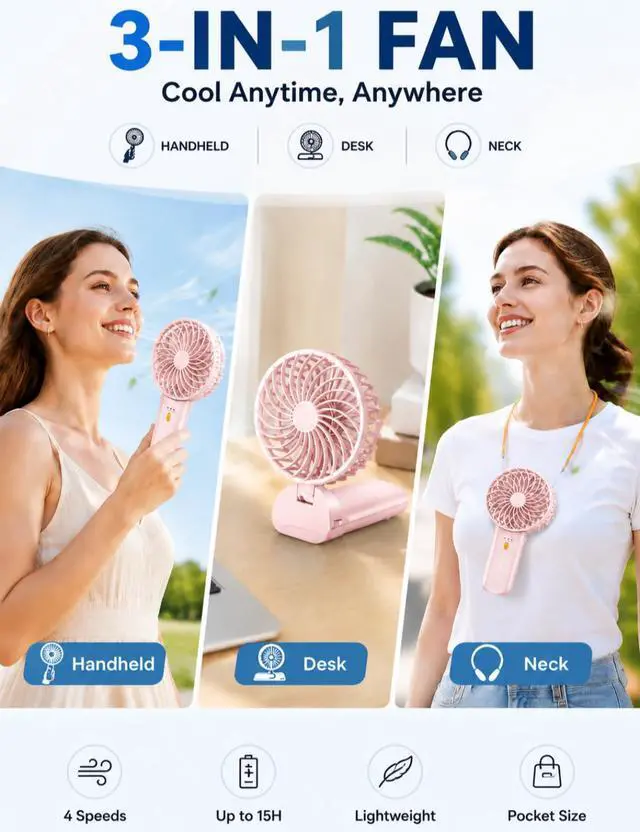 Alt view image 3 of 7 - Portable Mini Fan, Foldable Handheld Cooling Fan with Lanyard, 4 Speeds, 15H Rechargeable Battery, Quiet Personal Fan for Travel, Home, Office, Outdoor, Makeup, Women, Men (Pink)