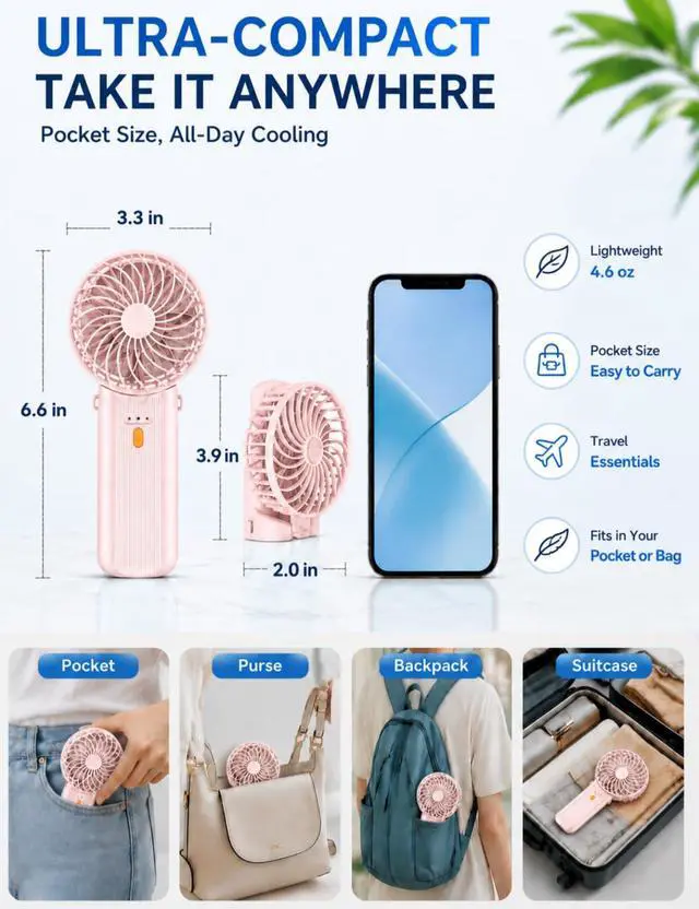 Alt view image 4 of 7 - Portable Mini Fan, Foldable Handheld Cooling Fan with Lanyard, 4 Speeds, 15H Rechargeable Battery, Quiet Personal Fan for Travel, Home, Office, Outdoor, Makeup, Women, Men (Pink)
