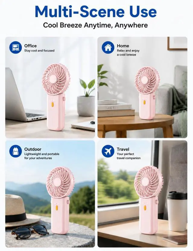 Alt view image 5 of 7 - Portable Mini Fan, Foldable Handheld Cooling Fan with Lanyard, 4 Speeds, 15H Rechargeable Battery, Quiet Personal Fan for Travel, Home, Office, Outdoor, Makeup, Women, Men (Pink)