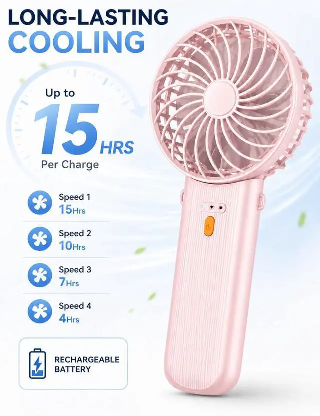 Alt view image 6 of 7 - Portable Mini Fan, Foldable Handheld Cooling Fan with Lanyard, 4 Speeds, 15H Rechargeable Battery, Quiet Personal Fan for Travel, Home, Office, Outdoor, Makeup, Women, Men (Pink)