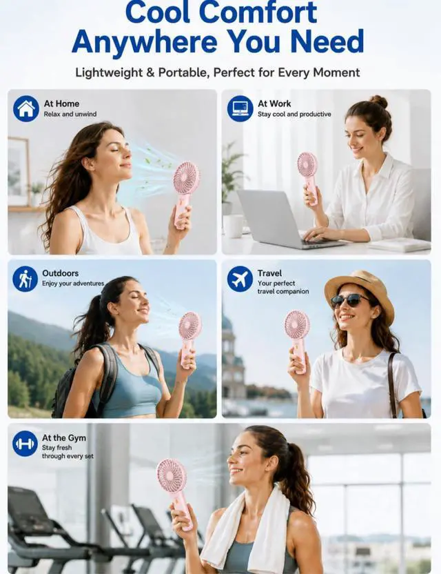 Alt view image 7 of 7 - Portable Mini Fan, Foldable Handheld Cooling Fan with Lanyard, 4 Speeds, 15H Rechargeable Battery, Quiet Personal Fan for Travel, Home, Office, Outdoor, Makeup, Women, Men (Pink)