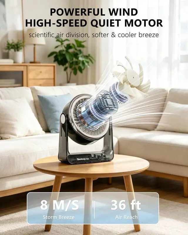 Alt view image 2 of 7 - Desk Fan USB Rechargeable, Portable Small Desktop Fan with 6 Speeds Digital Display, 360° Rotation Quiet Table Fan, 4000mAh Battery Powered Fan for Bedroom Home Office Travel, White