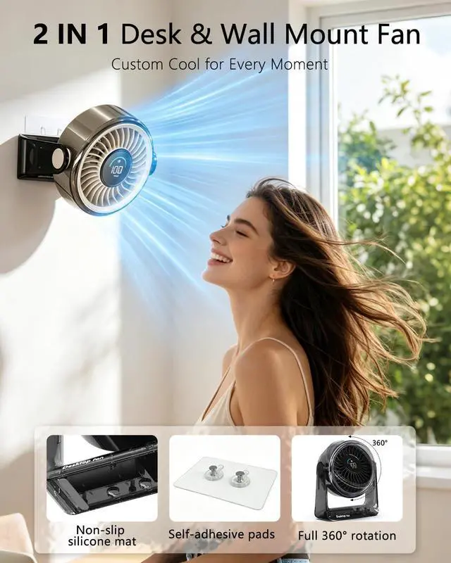 Alt view image 3 of 7 - Desk Fan USB Rechargeable, Portable Small Desktop Fan with 6 Speeds Digital Display, 360° Rotation Quiet Table Fan, 4000mAh Battery Powered Fan for Bedroom Home Office Travel, White