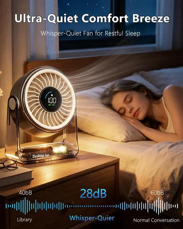 Alt view image 6 of 7 - Desk Fan USB Rechargeable, Portable Small Desktop Fan with 6 Speeds Digital Display, 360° Rotation Quiet Table Fan, 4000mAh Battery Powered Fan for Bedroom Home Office Travel, White