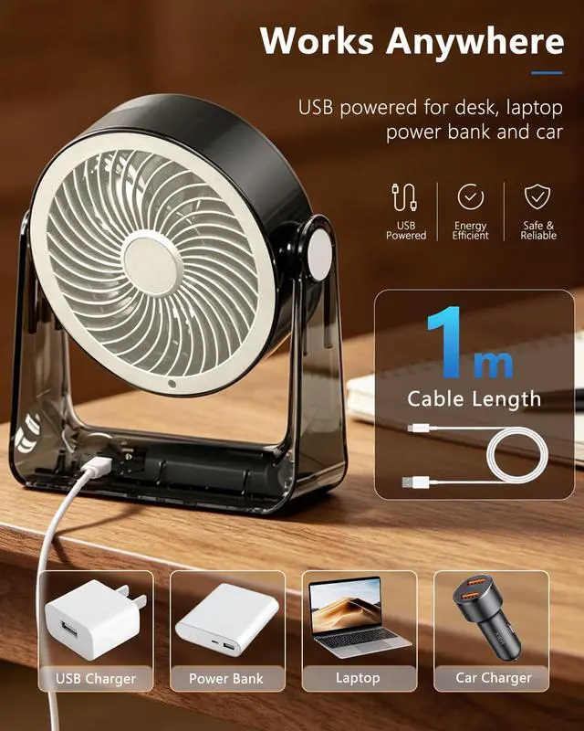 Alt view image 7 of 7 - Desk Fan USB Rechargeable, Portable Small Desktop Fan with 6 Speeds Digital Display, 360° Rotation Quiet Table Fan, 4000mAh Battery Powered Fan for Bedroom Home Office Travel, White