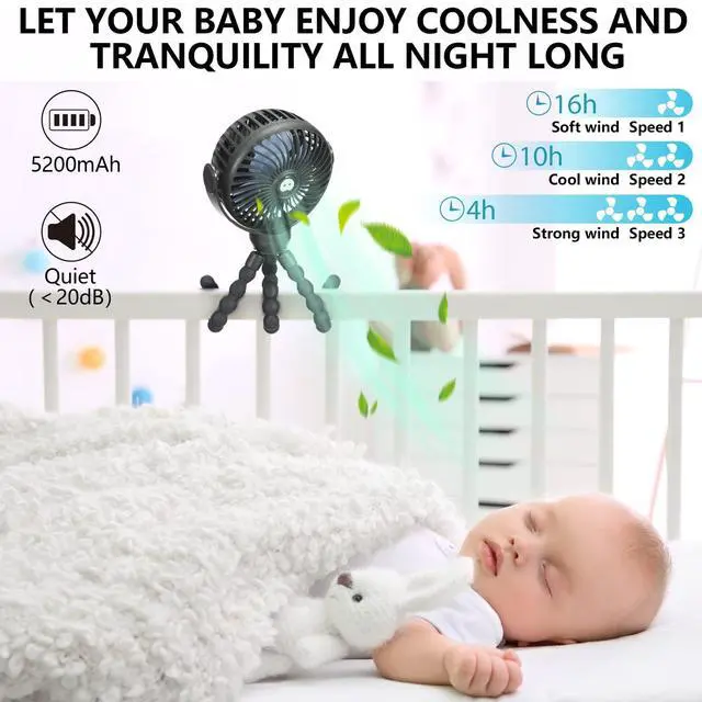 Alt view image 4 of 6 - Mini Portable Baby stroller Fan, Battery Operated Personal Small Handheld Fan, 360° Rotate Flexible Tripod Rechargeable Clip On for Car Seat Crib Bike Treadmill Travel Camping Black