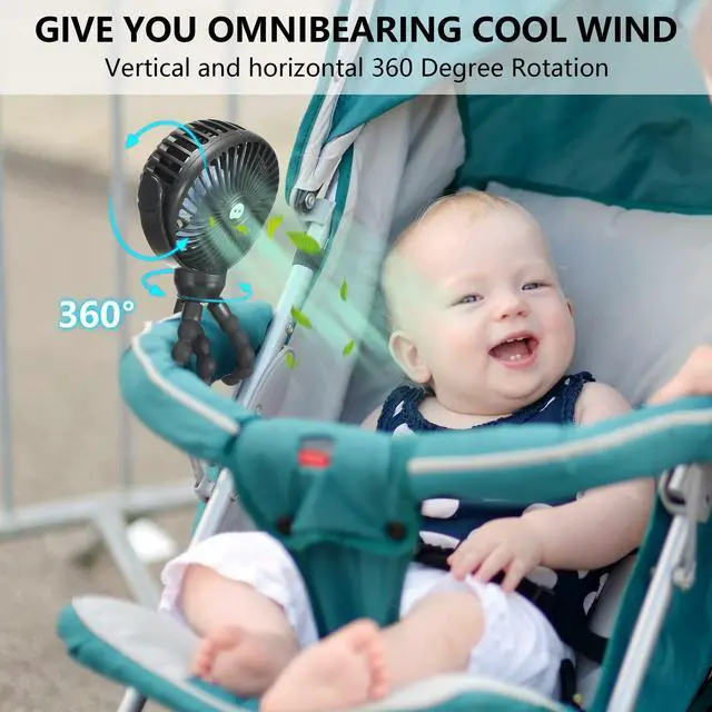 Alt view image 5 of 6 - Mini Portable Baby stroller Fan, Battery Operated Personal Small Handheld Fan, 360° Rotate Flexible Tripod Rechargeable Clip On for Car Seat Crib Bike Treadmill Travel Camping Black