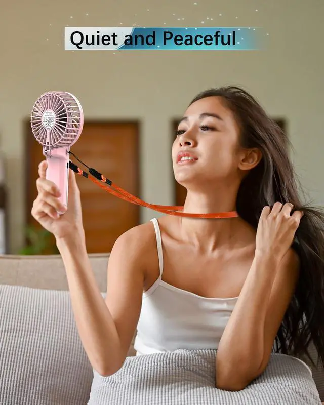 Alt view image 5 of 7 - Portable Fan Handheld Fan, Mini Hand Held Fan, 6-15H Cooling Small Personal Fan, 180° Foldable Mini Desk Fan with 4 Quiet Speed, Neck Fan w/Lanyard for Kids Women Men Travel Outdoor Office, Pink