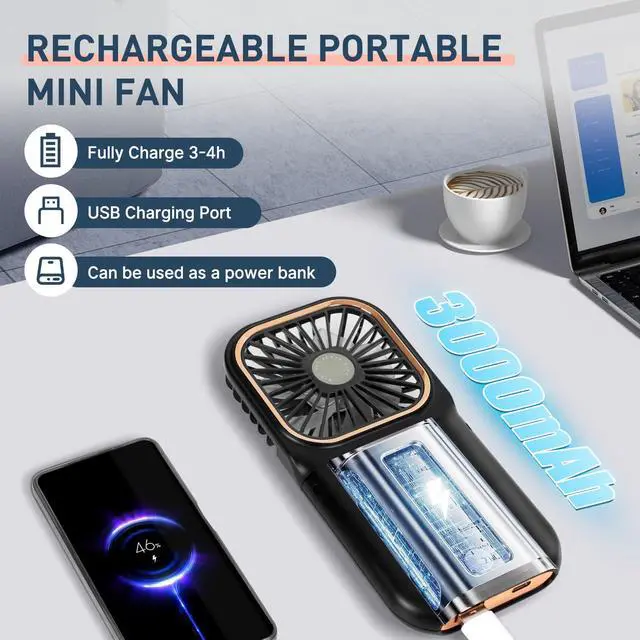 Alt view image 4 of 6 - Portable Fan,handheld Fan,Mini Fan,Rechargeable Personal Fan, 3000mAh Battery Operated Cooling 3 in 1 Electric Fan for Travel Camping