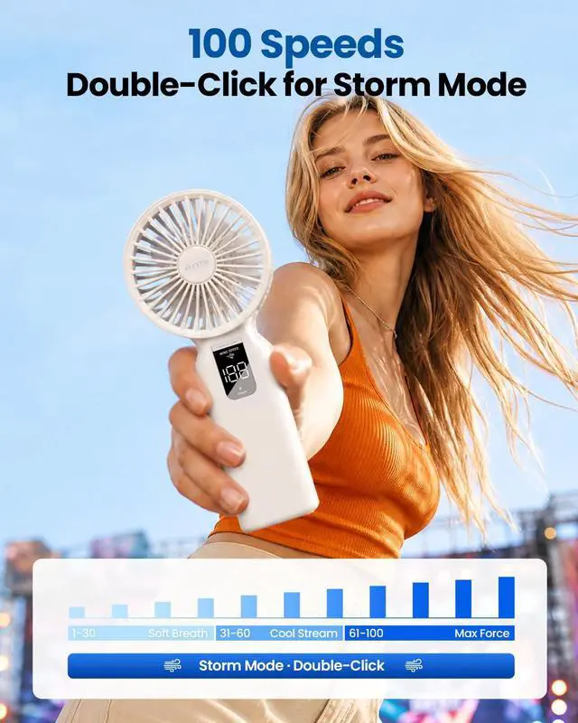 Alt view image 3 of 7 - Portable Handheld Fan, 100 Speed Scroll Wheel Control with Boost Mode, 23H Max Cooling, 4000mAh Rechargeable Personal Fan, LED Display, Quiet/Lightweight for Travel Concerts Makeup Office-Black