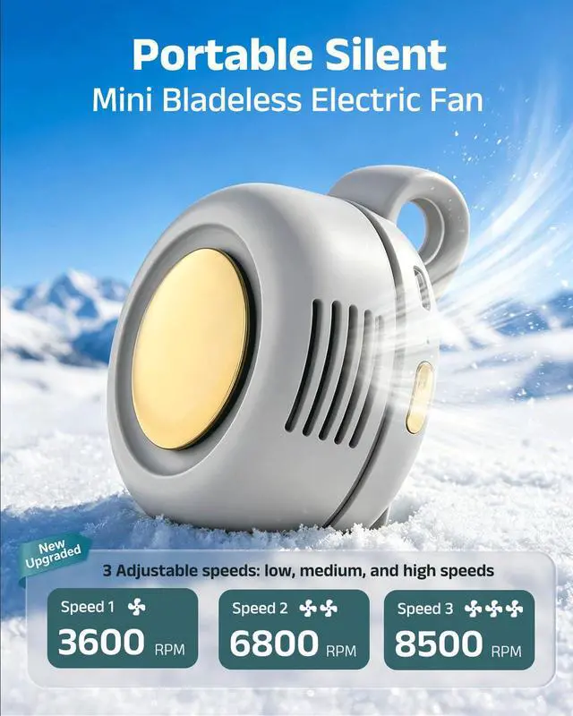 Alt view image 2 of 7 - Portable Silent Mini Bladeless Electric Fan, 360° Rotatable Portable Mini Clip On Fan for Shirt Waist Rechargeable Whirlwind Clip Fan, 3-Speed Personal Fan Clip On for Outdoor,Travel,Home (Beige gold)