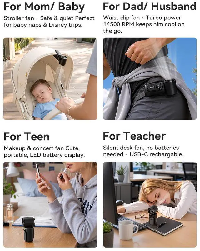 Alt view image 3 of 7 - Mini Clip on Fan Handheld, 3000mAh Rechargeable Portable Fan with LED Display, 3-in-1 Personal Cooling Fan, 4 Speeds Quiet USB C Fan for Stroller Desk Travel Camping Office for Women Men Kids, Black