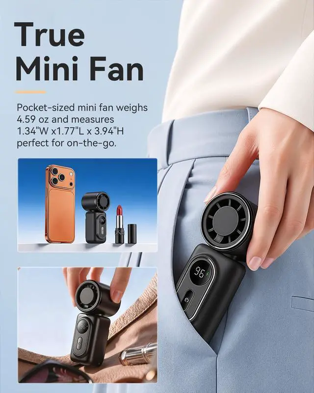 Alt view image 4 of 7 - Mini Clip on Fan Handheld, 3000mAh Rechargeable Portable Fan with LED Display, 3-in-1 Personal Cooling Fan, 4 Speeds Quiet USB C Fan for Stroller Desk Travel Camping Office for Women Men Kids, Black